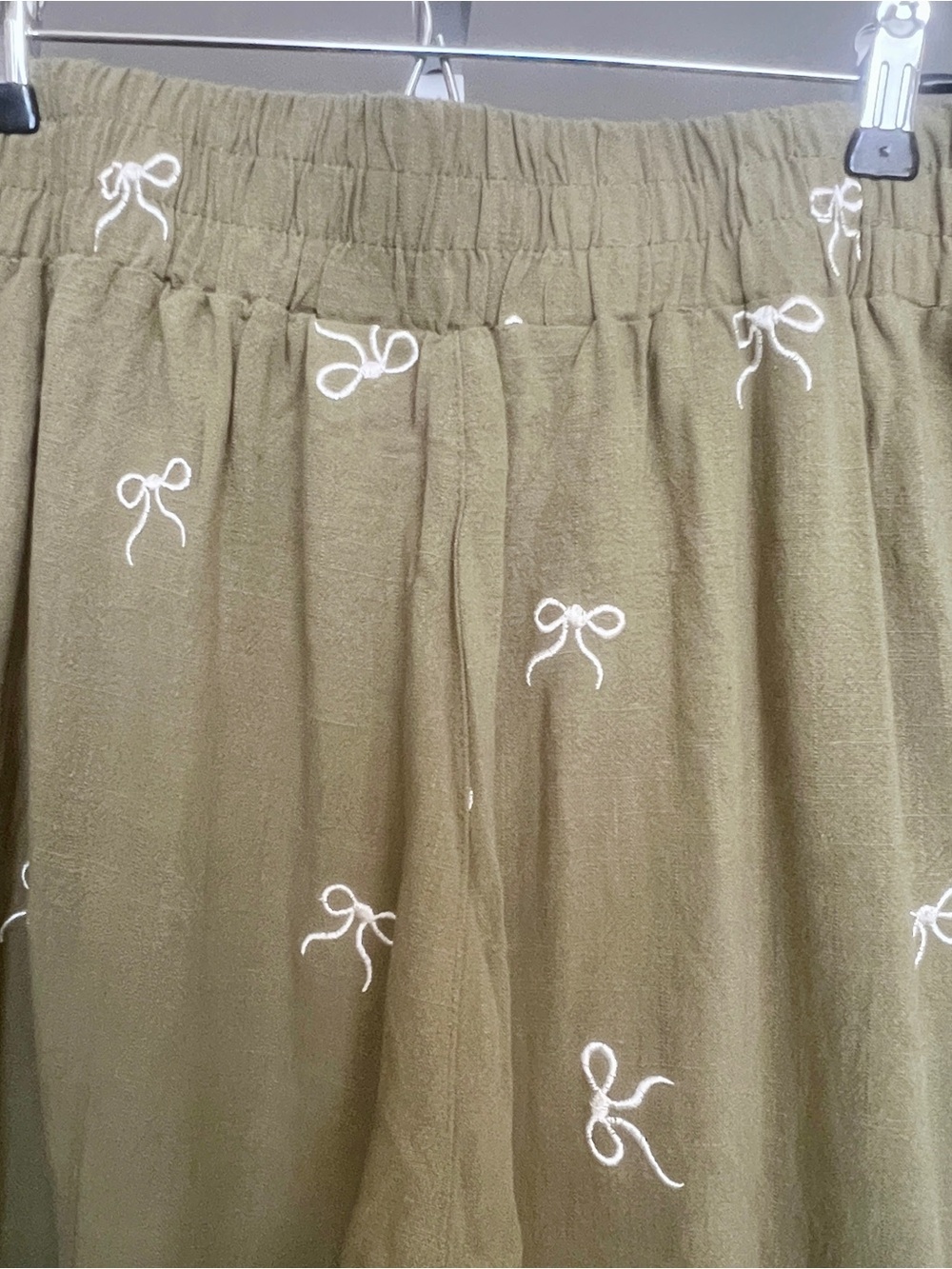Umgee Linen Blend Wide Leg Pants SZ L Green Bows Flowy Lace Drawstring Waist - Picture 6 of 9